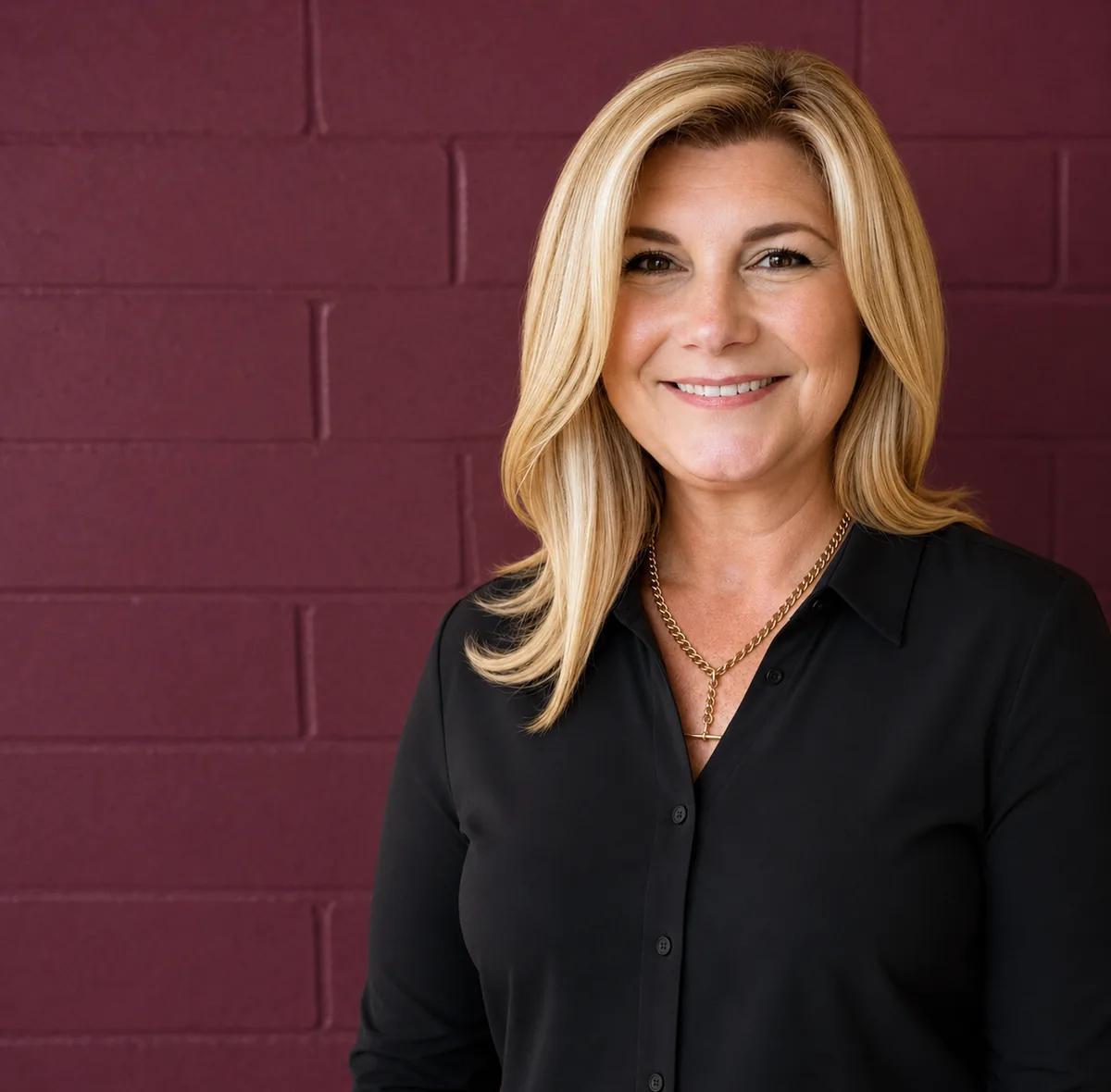Professional headshot of Dr Gabrielle Morrissey in a black shirt and gold chain necklace against a plum studio wall